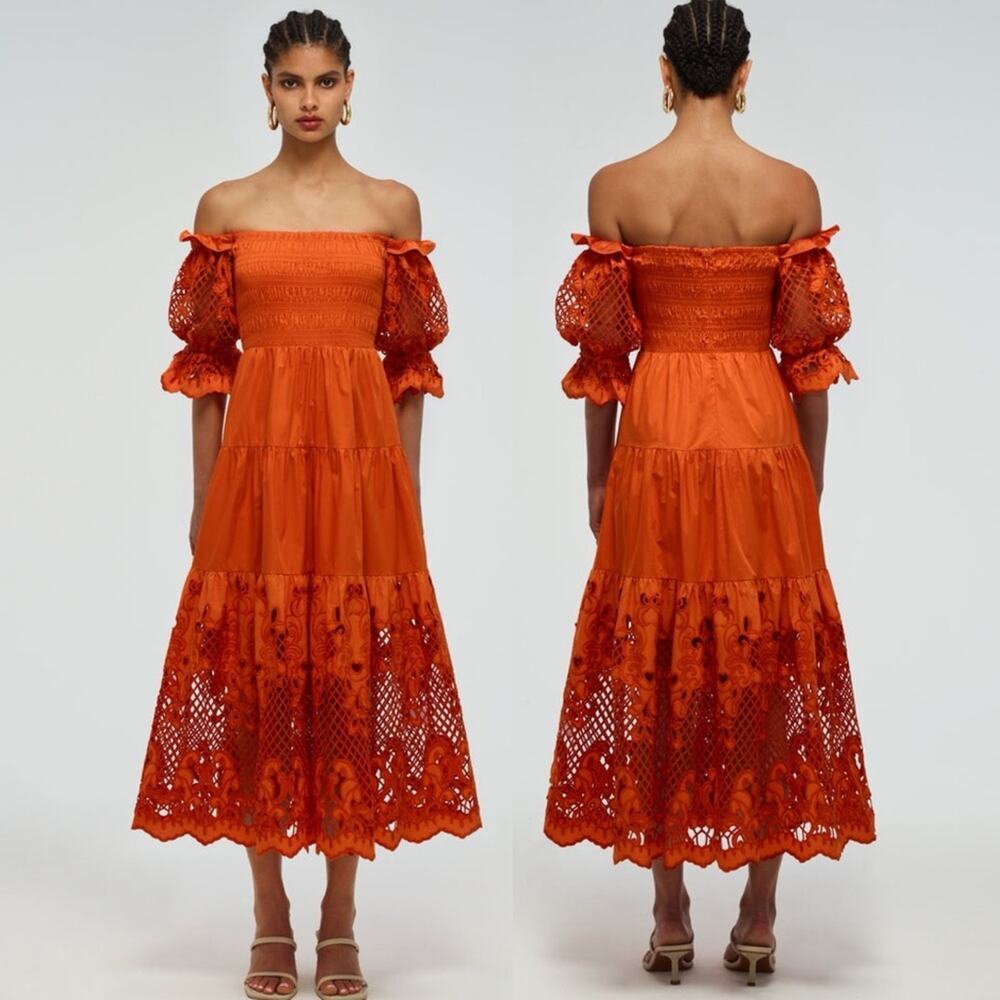 SELF-PORTRAIT Lattice Embroidered Midi Dress Size 2 US Burnt Orange